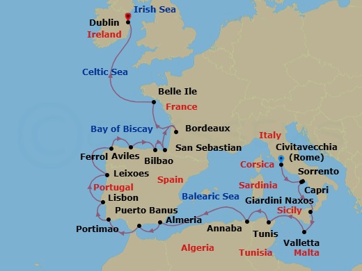 22 Night - Ultimate Cultures & Wonders of Europe : Italy to Ireland - Scenic Eclipse - Starting in Civitavecchia (Rome), Italy, Sorrento, Capri, Giardini di Naxos (Taormina), Valletta, Malta, Tunis, Tunisia, Annaba, Algeria, Almeria, Spain, Puerto Banus (Marbella), Spain, Portimao, Portugal, Lisbon, Portugal, Leixoes (Porto), Portugal, Ferrol, Spain, Aviles, Spain, Bilbao, San Sebastian, Spain, Bordeaux, France, Belle-Ile, France, Dublin, Ireland itinerary map