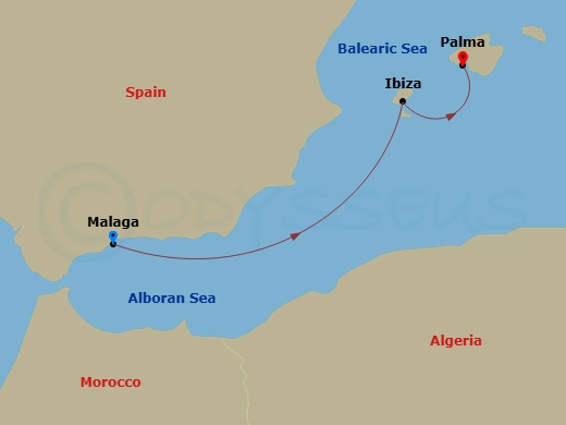 4 Night - Western Mediterranean from Malaga to Palma De Mallorca - Sea Cloud II - Starting in Malaga, Ibiza City / Ibiza, Palma De Mallorca itinerary map