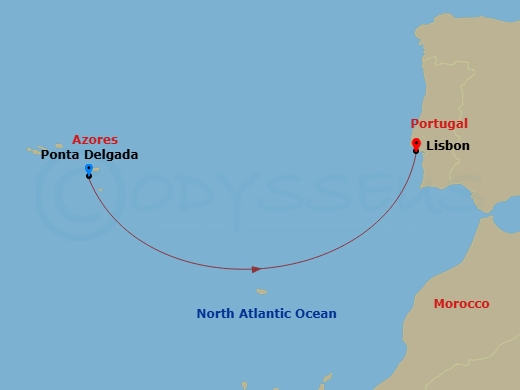 5 Night - Western Mediterranean from Ponta Delgada to Lisbon - Sea Cloud Spirit - Starting in Ponta Delgada, Sao Miguel, Azores, Lisbon itinerary map