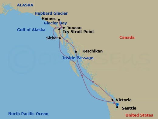 11 Night - Alaska Roundtrip from Seattle - Queen Elizabeth - Starting in Seattle, WA, Ketchikan, AK, Icy Strait Point, AK, Glacier Bay, AK, (Scenic Cruising), Hubbard Glacier, AK, (Scenic Cruising), Juneau, AK, Haines, AK, Sitka, AK, Victoria CA, Canada, Seattle, WA itinerary map