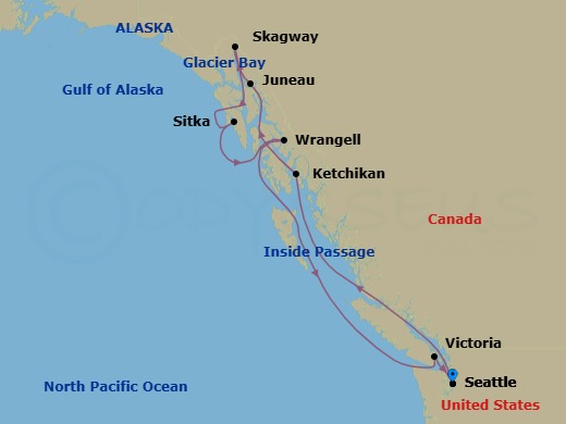 10 Night - Alaska Roundtrip from Seattle - Queen Elizabeth - Starting in Seattle, WA, Ketchikan, AK, Juneau, AK, Skagway, AK, Sitka, AK, Glacier Bay, AK, (Scenic Cruising), Wrangell, AK, Victoria CA, Canada, Seattle, WA itinerary map