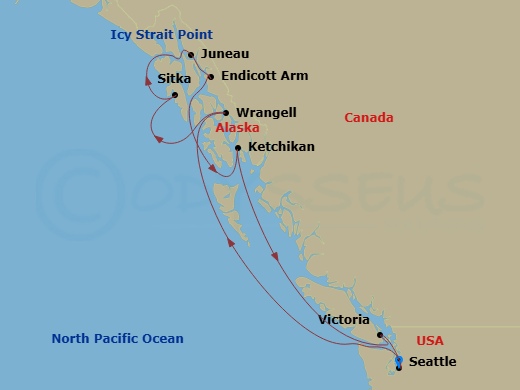 9 Night - Alaska Roundtrip from Seattle - Queen Elizabeth - Starting in Seattle, WA, Wrangell, AK, Sitka, AK, Juneau, AK, Endicott Arm, AK, (Scenic Cruising), Ketchikan, AK, Victoria CA, Canada, Seattle, WA itinerary map