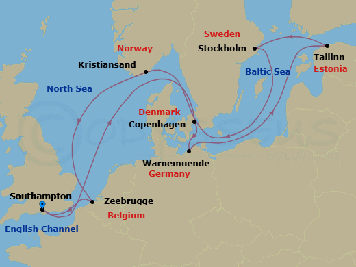 14 Night - Baltic Sea & Beyond - Oceania Marina - Starting in London (Southampton), Copenhagen, Berlin (Warnemunde), Tallinn, Stockholm, Kristiansand, Bruges (Zeebrugge), London (Southampton) itinerary map