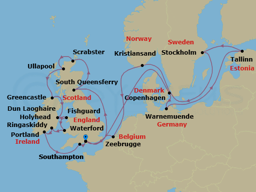 26 Night - European Quest - Oceania Marina - Starting in London (Southampton), Edinburgh (South Queensferry), Scrabster, Ullapool, Greencastle, Dublin (Dun Laoghaire), Holyhead, Fishguard, Waterford, Cork (Ringaskiddy), Portland UK, London (Southampton), Copenhagen, Berlin (Warnemunde), Tallinn, Stockholm, Kristiansand, Bruges (Zeebrugge), London (Southampton) itinerary map