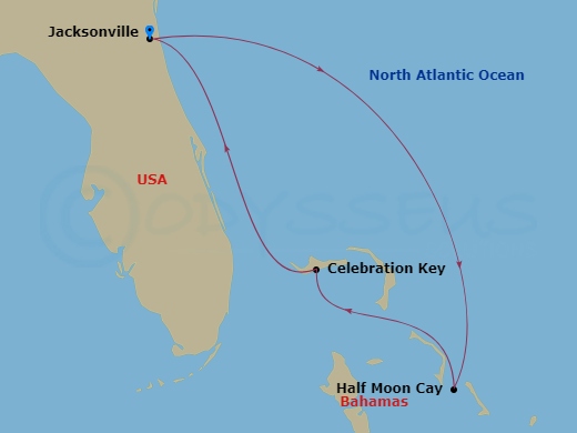 5 Night - Bahamas - Carnival Elation - Starting in Jacksonville, FL, Relaxaway, Half Moon Cay, Celebration Key, the Bahamas, Ship Meetup, Jacksonville, FL itinerary map