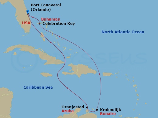 8 Night - Southern Caribbean - Carnival Vista - Starting in Port Canaveral (Orlando), Fl, Curacao, Aruba, Celebration Key, the Bahamas, Ship Meetup, Port Canaveral (Orlando), Fl itinerary map