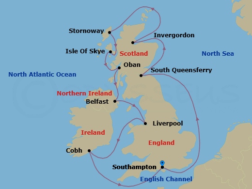 12 Night - British Isles - Queen Anne - Starting in Southampton, England, UK, South Queensferry (for Edinburgh), Scotland, UK, Invergordon (tours to Inverness or Loch Ness), Scotland, UK, Stornoway, Western Isles, Scotland, UK, Isle of Skye, Scotland, UK (Scenic Cruising), Oban UK, Scotland, Belfast, NI, UK, Liverpool, England, UK, Cobh (tours to Cork), Ireland, Southampton, England, UK itinerary map