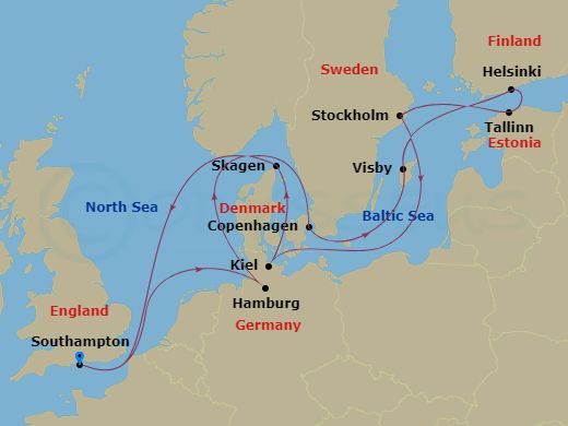 14 Night - Scandinavia and Northern Europe - Queen Anne - Starting in Southampton, England, UK, Hamburg, Germany, Copenhagen, Denmark, Visby, Sweden, Helsinki, Finland, Tallinn, Estonia, Stockholm, Sweden, Kiel, Germany, Skagen, Denmark, Southampton, England, UK itinerary map