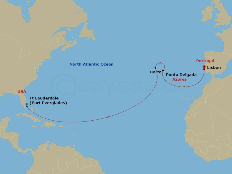 11 Night - Transoceanic - Crystal Serenity - Starting in Fort Lauderdale, Horta, Ponta Delgada (Sao Miguel Island), Lisbon itinerary map
