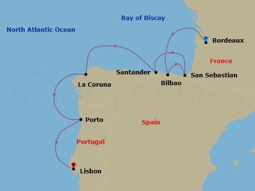 7 Night - Bordeaux / Lisbon - Evrima - Starting in Bordeaux, Bilbao, San Sebastian (Pasajes), Santander, A Coruna, Porto, Lisbon itinerary map