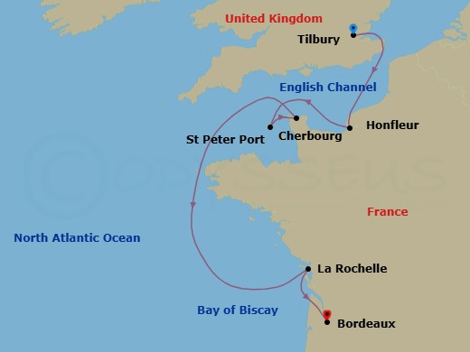 7 Night - London (Tilbury) / Bordeaux - Evrima - Starting in London (Tilbury), Honfleur, St Peter Port, Guernsey, Cherbourg, La Rochelle, France, Bordeaux itinerary map