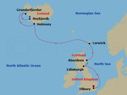 9 Night - Reykjavik (Hafnarfjordur) / London (Tilbury) - Evrima - Starting in Reykjavik (Hafnarfjordur), Grundarfjordur, Heimaey Island, Lerwick, Shetland Islands, Aberdeen, Scotland, Edinburgh, Scotland, London (Tilbury) itinerary map