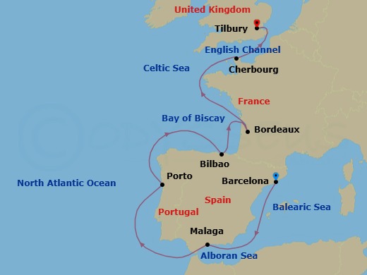 11 Night - Barcelona / London (Tilbury) - Evrima - Starting in Barcelona, Malaga, Porto, Bilbao, Bordeaux, Cherbourg, London (Tilbury) itinerary map