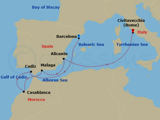 7 Night - Mediterranean - MSC Magnifica - Starting in Barcelona, Spain, Cadiz (Seville), Spain, Casablanca (Marrakesh), Morocco, Malaga (Granada), Spain, Alicante, Spain, Civitavecchia (Rome), Italy itinerary map