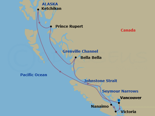 7 Night - Great Bear Rainforest - Eurodam - Starting in Vancouver, BC, CA, Ketchikan, Alaska, Prince Rupert, British Columbia, Canada, Scenic cruising Grenville Channel, Scenic cruising Bella Bella, Scenic cruising Johnstone Strait, Transit the Seymour Narrows, Nanaimo, Vancouver Island, Canada, Victoria CA, Canada, Vancouver, BC, CA itinerary map