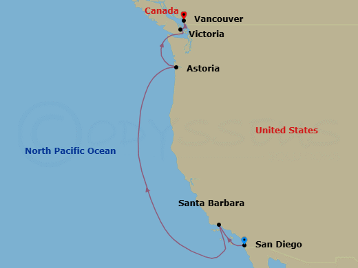 6 Night - Pacific Coastal Cruise - Eurodam - Starting in San Diego, California, Santa Barbara, California, Astoria, Oregon, Victoria CA, Canada, Vancouver, BC, CA itinerary map
