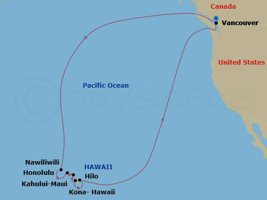 17 Night - Circle Hawaii - Koningsdam - Starting in Vancouver, BC, CA, Nawiliwili, Kauai, Hawaii, Honolulu, Hawaii, Kahului, Maui, Kona, Hawaii, Hilo, Hawaii, Vancouver, BC, CA itinerary map