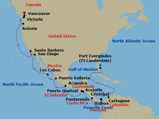 22 Night - Panama Canal - Eurodam - Starting in Fort Lauderdale, Florida, Cartagena CO, Enter Panama Canal Cristobal, Cruising Panama Canal, Exit Panama Canal Balboa, Puntarenas (Puerto Caldera), Costa Rica, Acajutla, El Salvador, Puerto Quetzal, Guatemala, Acapulco, Guerrero, Mexico, Puerto Vallarta, Mexico, Cabo San Lucas, Mexico, San Diego, California, Santa Barbara, California, Astoria, Oregon, Victoria CA, Canada, Vancouver, BC, CA itinerary map