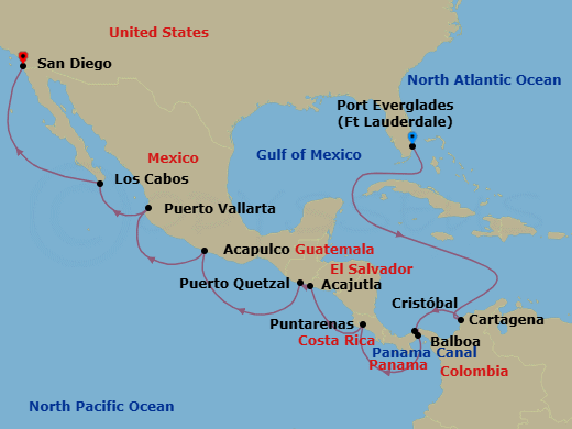 16 Night - Panama Canal - Eurodam - Starting in Fort Lauderdale, Florida, Cartagena CO, Enter Panama Canal Cristobal, Cruising Panama Canal, Exit Panama Canal Balboa, Puntarenas (Puerto Caldera), Costa Rica, Acajutla, El Salvador, Puerto Quetzal, Guatemala, Acapulco, Guerrero, Mexico, Puerto Vallarta, Mexico, Cabo San Lucas, Mexico, San Diego, California itinerary map