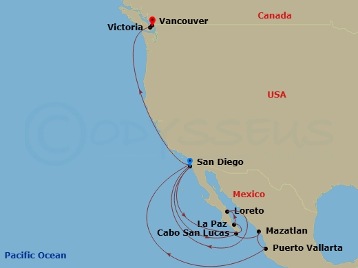 18 Night - Baja Peninsula, Mexican Riviera & Pacific Coast - Koningsdam - Starting in San Diego, California, Cabo San Lucas, Mexico, Pichilingue (La Paz), Mexico, Loreto, Mexico, San Diego, California, Cabo San Lucas, Mexico, Mazatlan, Mexico, Puerto Vallarta, Mexico, San Diego, California, Victoria CA, Canada, Vancouver, BC, CA itinerary map
