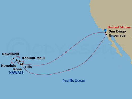 18 Night - Circle Hawaii - Koningsdam - Starting in San Diego, California, Hilo, Hawaii, Kahului, Maui, Nawiliwili, Kauai, Hawaii, Honolulu, Hawaii, Kona, Hawaii, Ensenada, Mexico, San Diego, California itinerary map
