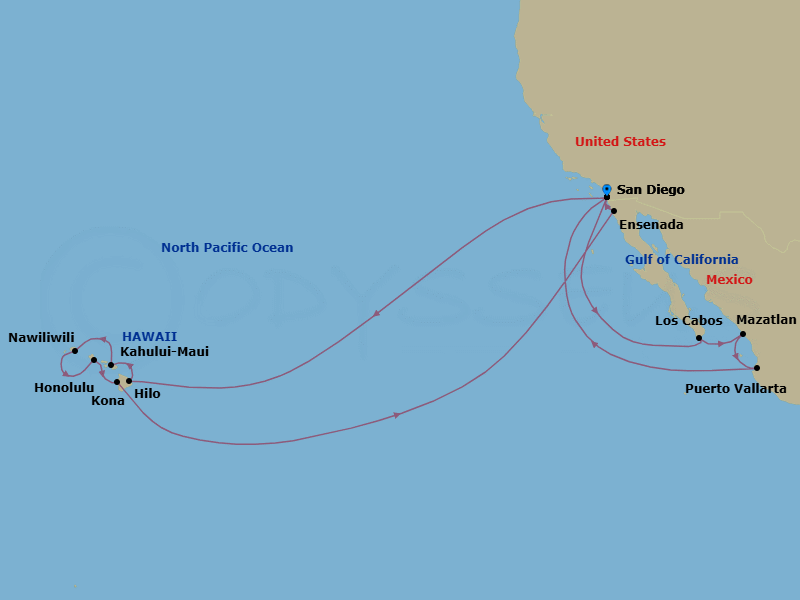 24 Night - Mexican Riviera & Circle Hawaii - Koningsdam - Starting in San Diego, California, Cabo San Lucas, Mexico, Mazatlan, Mexico, Puerto Vallarta, Mexico, San Diego, California, Hilo, Hawaii, Kahului, Maui, Nawiliwili, Kauai, Hawaii, Honolulu, Hawaii, Kona, Hawaii, Ensenada, Mexico, San Diego, California itinerary map