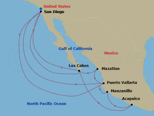 16 Night - Mexican Riviera Holiday - Koningsdam - Starting in San Diego, California, Puerto Vallarta, Mexico, Manzanillo, Mexico, Acapulco, Guerrero, Mexico, Cabo San Lucas, Mexico, San Diego, California, Cabo San Lucas, Mexico, Mazatlan, Mexico, Puerto Vallarta, Mexico, San Diego, California itinerary map