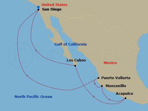 9 Night - Mexican Riviera Holiday - Koningsdam - Starting in San Diego, California, Puerto Vallarta, Mexico, Manzanillo, Mexico, Acapulco, Guerrero, Mexico, Cabo San Lucas, Mexico, San Diego, California itinerary map