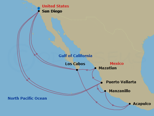 16 Night - Mexican Riviera Holiday - Koningsdam - Starting in San Diego, California, Puerto Vallarta, Mexico, Mazatlan, Mexico, Cabo San Lucas, Mexico, San Diego, California, Puerto Vallarta, Mexico, Manzanillo, Mexico, Acapulco, Guerrero, Mexico, Cabo San Lucas, Mexico, San Diego, California itinerary map