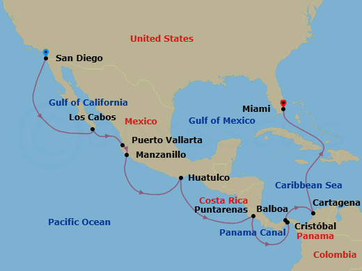 15 Night - Panama Canal Holiday - Zaandam - Starting in San Diego, California, Cabo San Lucas, Mexico, Puerto Vallarta, Mexico, Manzanillo, Mexico, Huatulco, Mexico, Puntarenas (Puerto Caldera), Costa Rica, Enter Panama Canal Balboa, Cruising Panama Canal, Exit Panama Canal Cristobal, Cartagena CO, Miami, Florida itinerary map