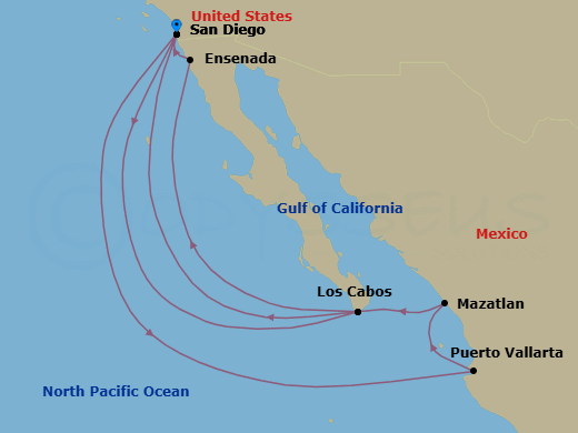 12 Night - Mexican Riviera Holiday - Koningsdam - Starting in San Diego, California, Cabo San Lucas, Mexico, Ensenada, Mexico, San Diego, California, Puerto Vallarta, Mexico, Mazatlan, Mexico, Cabo San Lucas, Mexico, San Diego, California itinerary map
