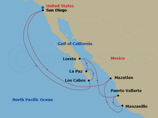 11 Night - Mexican Riviera & Sea of Cortez - Koningsdam - Starting in San Diego, California, Cabo San Lucas, Mexico, Pichilingue (La Paz), Mexico, Loreto, Mexico, Puerto Vallarta, Mexico, Manzanillo, Mexico, Mazatlan, Mexico, San Diego, California itinerary map