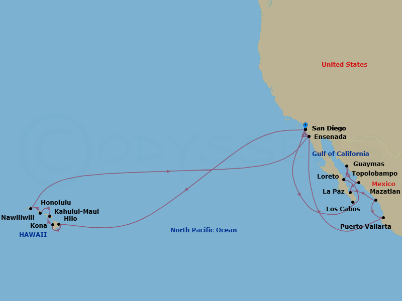 30 Night - Circle Hawaii & Sea of Cortez - Zaandam - Starting in San Diego, California, Hilo, Hawaii, Kona, Hawaii, Kahului, Maui, Honolulu, Hawaii, Nawiliwili, Kauai, Hawaii, Ensenada, Mexico, San Diego, California, Cabo San Lucas, Mexico, Loreto, Mexico, Guaymas, Mexico, Topolobampo, Mexico, Pichilingue (La Paz), Mexico, Mazatlan, Mexico, Puerto Vallarta, Mexico, Ensenada, Mexico, San Diego, California itinerary map