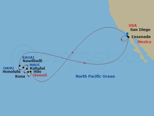 18 Night - Circle Hawaii - Zaandam - Starting in San Diego, California, Hilo, Hawaii, Kona, Hawaii, Kahului, Maui, Honolulu, Hawaii, Nawiliwili, Kauai, Hawaii, Ensenada, Mexico, San Diego, California itinerary map