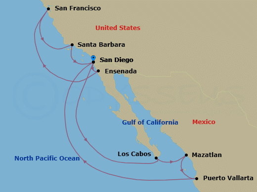 14 Night - Classic California Coast & Mexican Riviera - Koningsdam - Starting in San Diego, California, Ensenada, Mexico, San Francisco, California, Santa Barbara, California, San Diego, California, Cabo San Lucas, Mexico, Mazatlan, Mexico, Puerto Vallarta, Mexico, San Diego, California itinerary map