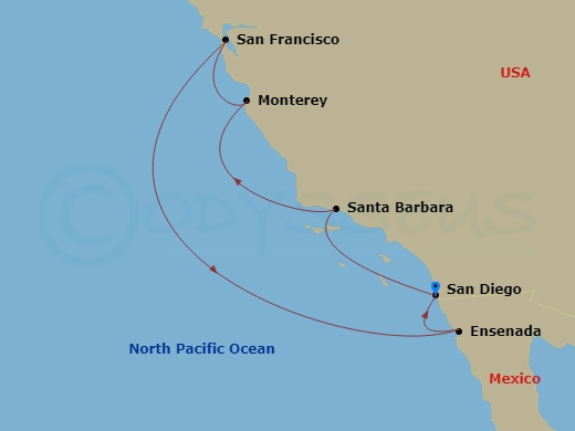 7 Night - Classic California Coast - Koningsdam - Starting in San Diego, California, Ensenada, Mexico, San Francisco, California, Santa Barbara, California, San Diego, California itinerary map