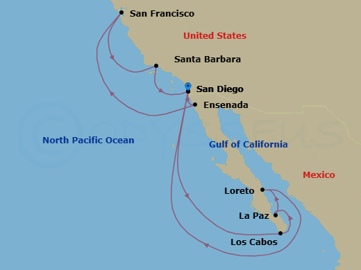 14 Night - Baja Peninsula & Classic California Coast - Koningsdam - Starting in San Diego, California, Cabo San Lucas, Mexico, Pichilingue (La Paz), Mexico, Loreto, Mexico, San Diego, California, Ensenada, Mexico, San Francisco, California, Santa Barbara, California, San Diego, California itinerary map