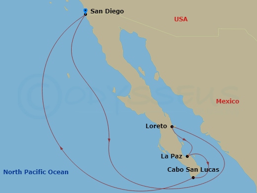 7 Night - Baja Peninsula - Koningsdam - Starting in San Diego, California, Loreto, Mexico, Pichilingue (La Paz), Mexico, Cabo San Lucas, Mexico, San Diego, California itinerary map