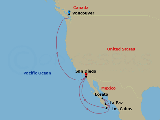 11 Night - Baja Peninsula & Pacific Coast - Koningsdam - Starting in Vancouver, BC, CA, San Diego, California, Loreto, Mexico, Pichilingue (La Paz), Mexico, Cabo San Lucas, Mexico, San Diego, California itinerary map