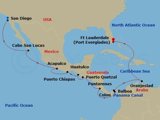 16 Night - Panama Canal - Eurodam - Starting in San Diego, California, Cabo San Lucas, Mexico, Acapulco, Guerrero, Mexico, Huatulco, Mexico, Puerto Chiapas, Mexico, Puerto Quetzal, Guatemala, Puntarenas (Puerto Caldera), Costa Rica, Enter Panama Canal Balboa, Cruising Panama Canal, Exit Panama Canal Cristobal, Oranjestad, Aruba, Fort Lauderdale, Florida itinerary map