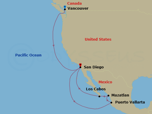 11 Night - Mexican Riviera & Pacific Coast - Zaandam - Starting in Vancouver, BC, CA, San Diego, California, Puerto Vallarta, Mexico, Mazatlan, Mexico, Cabo San Lucas, Mexico, San Diego, California itinerary map