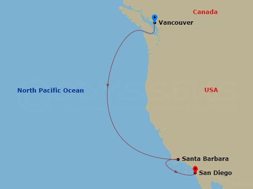 4 Night - Pacific Coastal Cruise - Eurodam - Starting in Vancouver, BC, CA, Santa Barbara, California, San Diego, California itinerary map