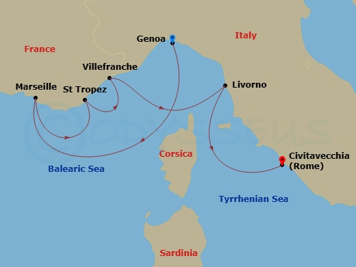 5 Night - A Mediterranean Prelude To - EXPLORA III - Starting in Genoa, Marseille, Saint-Tropez, Villefranche-Sur-Mer (Nice), Livorno (Florence), Civitavecchia (Rome) itinerary map