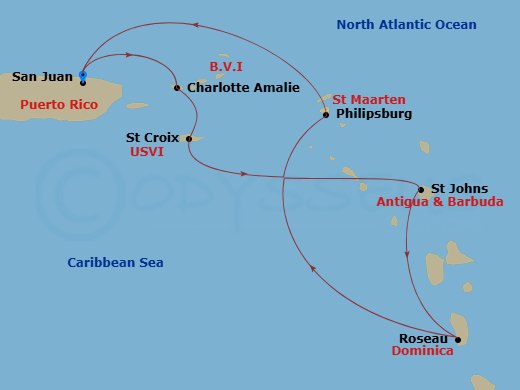7 Night - Southern Caribbean Holiday - Vision of the Seas - Starting in San Juan, Puerto Rico, Charlotte Amalie, St Thomas, St Croix, US Virgin Islands, St Johns AG, Antigua, Roseau, Dominica, Philipsburg, St Maarten, San Juan, Puerto Rico itinerary map