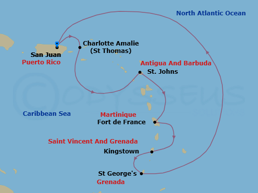 7 Night - Southern Caribbean Cruise - Vision of the Seas - Starting in San Juan, Puerto Rico, Charlotte Amalie, St Thomas, St Johns AG, Antigua, Fort-De-France, Martinique, Kingstown, St Vincent, St Georges, Grenada, San Juan, Puerto Rico itinerary map