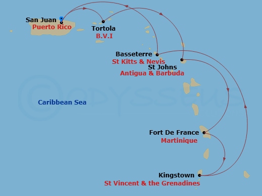 7 Night - Southern Caribbean Cruise - Vision of the Seas - Starting in San Juan, Puerto Rico, Tortola, St Johns AG, Antigua, Fort-De-France, Martinique, Kingstown, St Vincent, Basseterre, St Kitts and Nevis, San Juan, Puerto Rico itinerary map
