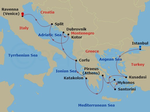 12 Night - Istanbul City Highlights Pre Cruisetour - Norwegian Viva Tours - Starting in At Hotel, Istanbul, Turkey, Kusadasi, Turkey, Santorini Island, Greece, Mykonos, Greece, Piraeus / Athens, Greece, Olympia / Katakolon, Greece, Corfu, Greece, Dubrovnik, Croatia, Kotor, Montenegro, Split, Croatia, Venice (Ravenna), Italy itinerary map