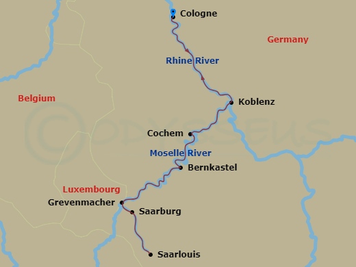 7 Night - Saar & Moselle Fairytales - MS Amadeus Brilliant - Starting in Cologne, Cochem, Bernkastel, Saarburg, Saarlouis, Grevenmacher, Koblenz, Cologne itinerary map