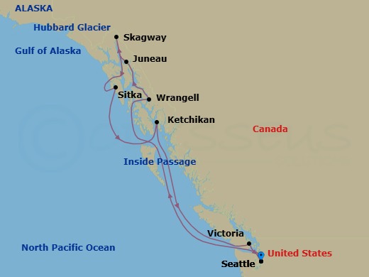 10 Night - Alaska Roundtrip from Seattle - Queen Elizabeth - Starting in Seattle, WA, Wrangell, AK, Juneau, AK, Skagway, AK, Hubbard Glacier, AK, (Scenic Cruising), Sitka, AK, Ketchikan, AK, Victoria CA, Canada, Seattle, WA itinerary map