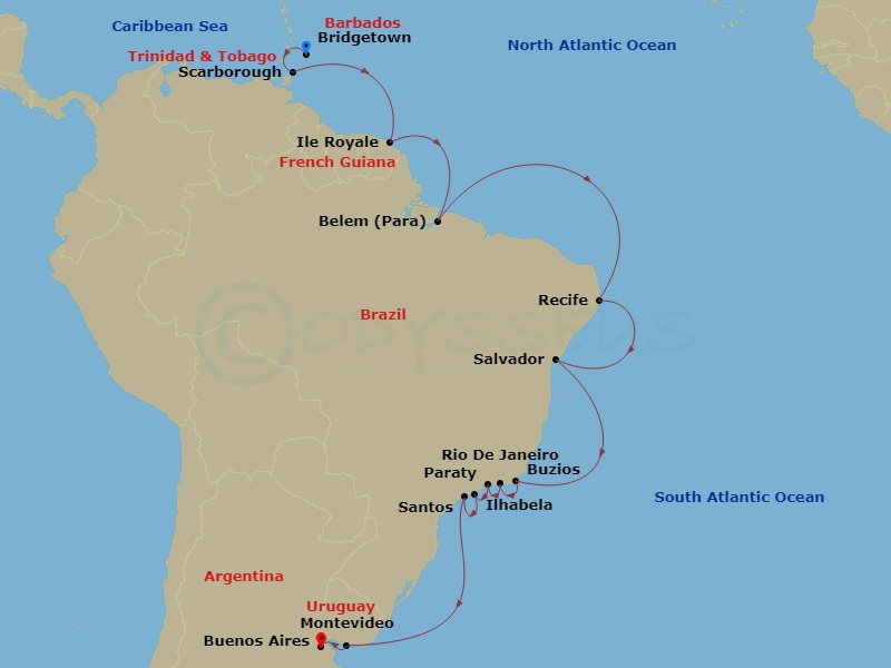 23 Night - Brazil & Argentina Cruise : Rio De Janeiro, Salvador & Buenos Aires - Azamara Journey - Starting in Bridgetown, Scarborough, Tobago, Isle Royale, French Guiana, Belem, Recife, Salvador De Bahia, Buzios, Brazil, Rio De Janeiro, Paraty, Ilhabela, Brazil, Santos (Sao Paulo), Montevideo, Buenos Aires itinerary map